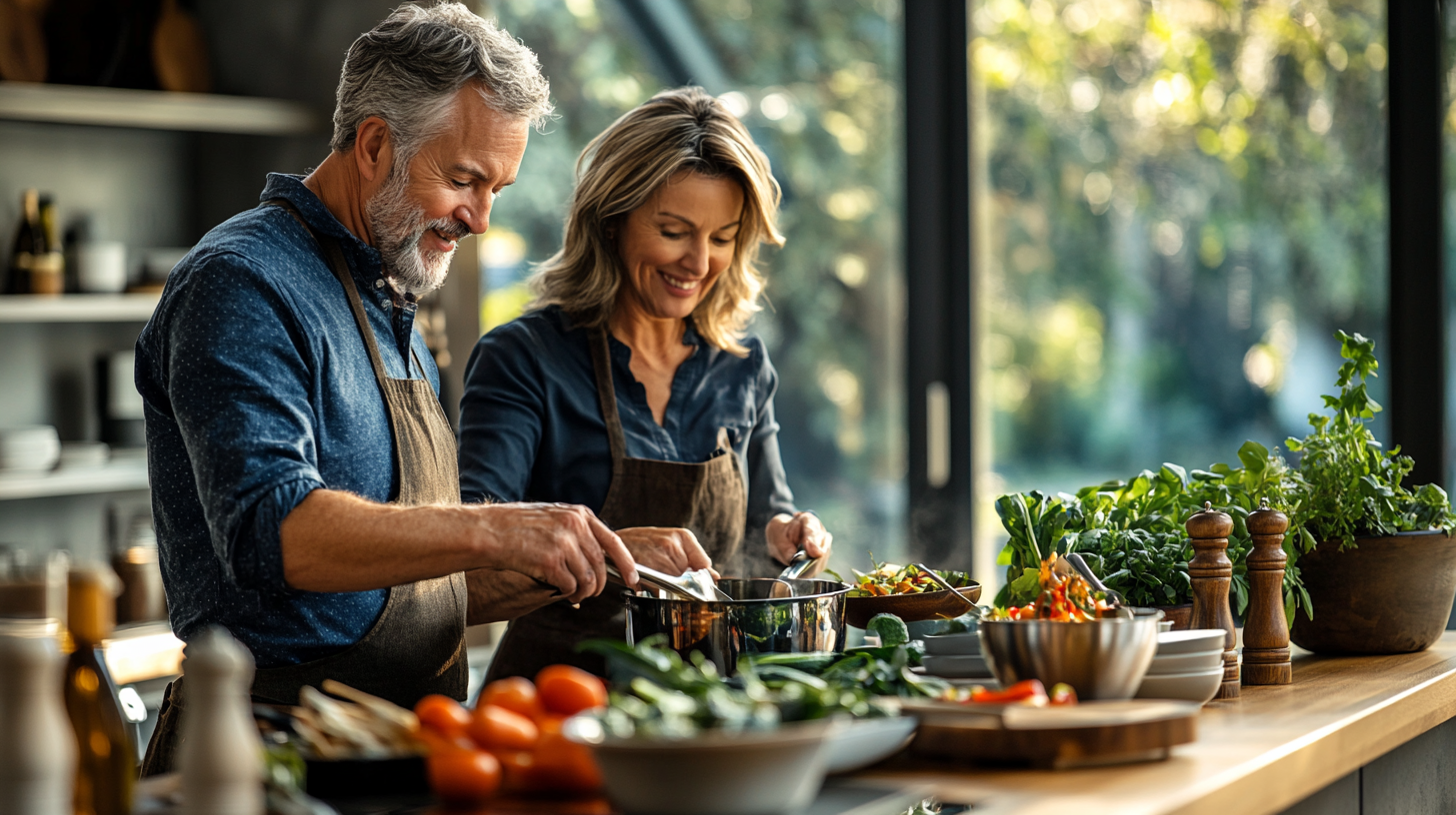 Щаслива старша пара готує здорову їжу разом