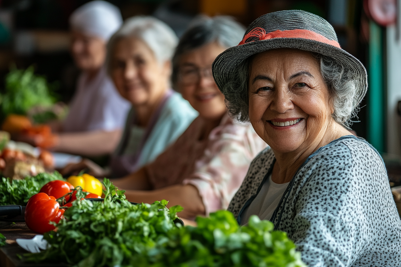 Група щасливих людей старшого віку на пікніку зі здоровою їжею